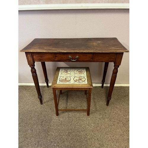 316 - Edwardian Walnut Side Table with Drawer and a Mid Century Tiled Top Occasional Table (Side Table 99 ... 