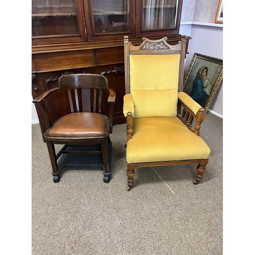 322 - Edwardian Oak Gents Arm Chair and another Oak Arm Chair on Wheels (62 cm W x 100 cm H x 70 cm D)