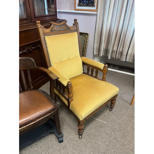 322 - Edwardian Oak Gents Arm Chair and another Oak Arm Chair on Wheels (62 cm W x 100 cm H x 70 cm D)