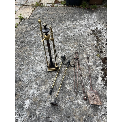 330 - Set of Three Steel Fire Irons, Part Brass Companion Set