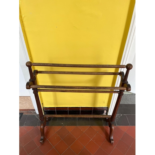 333 - Victorian Mahogany Towel Rail, Brass Swivel Music Stand and a Brass Umbrella Stand (Rail 76 cm W x 8... 