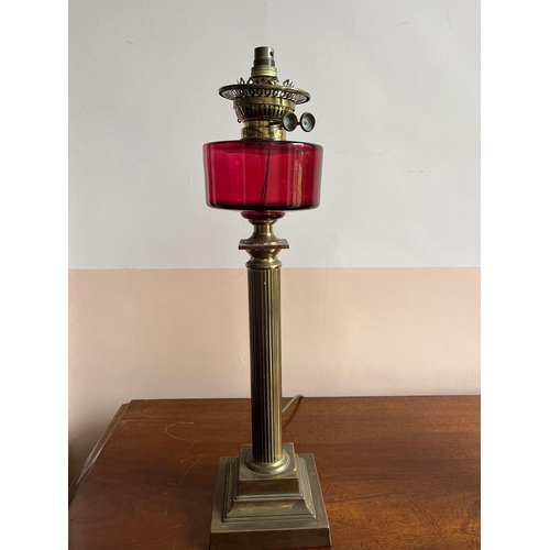 345 - Victorian Brass Oil Lamp with Ruby Glass Bowl (64 cm H)