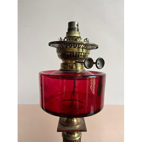 345 - Victorian Brass Oil Lamp with Ruby Glass Bowl (64 cm H)