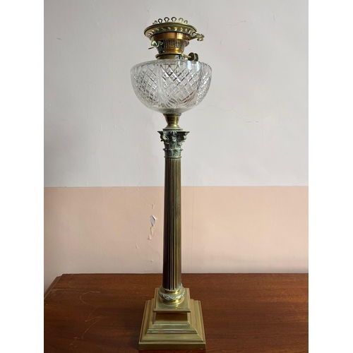 346 - Regency Brass Oil Lamp with Corinthian Column and a Cut Glass Bowl (64 cm H)