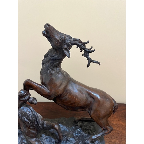 358 - Bronze Stag Ground on a Marble Base (58 cm W x 48 cm H x 22 cm D)