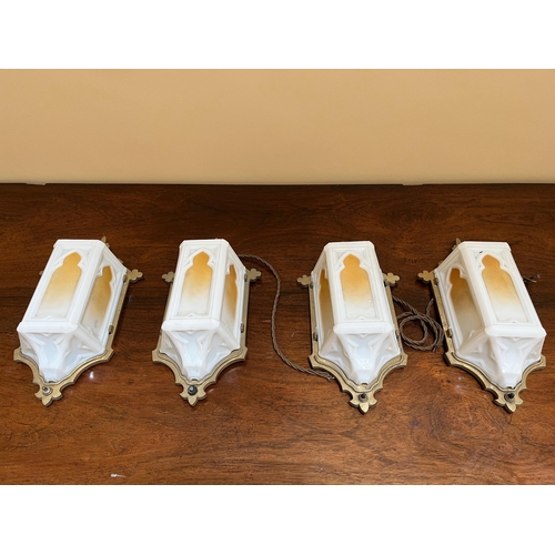 360 - Set of Four Gothic Wall Lanterns, Brass and Glass (16 cm W x 37 cm H x 10 cm D)