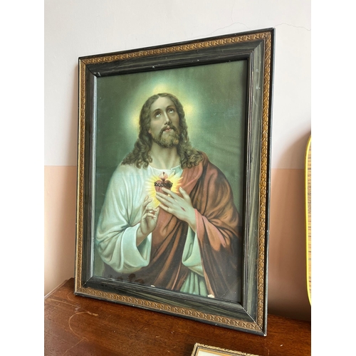 364 - Framed Picture of The Sacred Heart and a Sacred Heart Wall Light (Picture 44 cm W x 57 cm H)