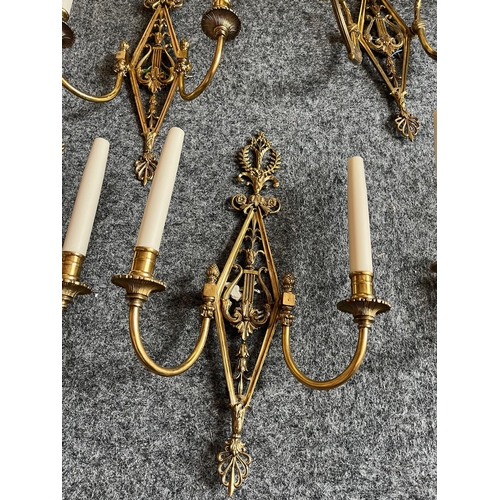 376 - Set of Six Regency Gilded Brass Two Branch Wall Sconces (29 cm W x 48 cm H)