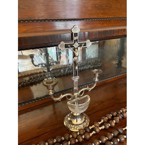 382 - Three Large Wooden Rosary Beads and a Silver Plated Crucifix with Water Font (Longest 115 cm)