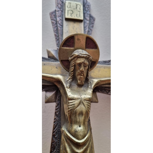 387 - Art Deco French Bronze and Enamel Crucifix (26 cm W x 42 cm H)