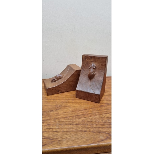 388 - Early Pair of Robert 'Mouseman' Thompson Oak Arts and Crafts Adze Carved Book Ends Featuring Mice