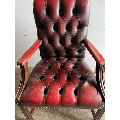 393 - Pair of Burgundy Hide Deep Buttoned Upholstered Armchairs (62 cm W x 97 cm H x 58 cm D)