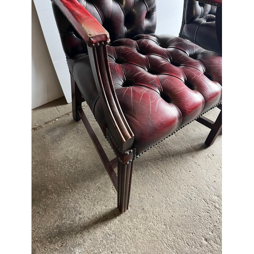 393 - Pair of Burgundy Hide Deep Buttoned Upholstered Armchairs (62 cm W x 97 cm H x 58 cm D)