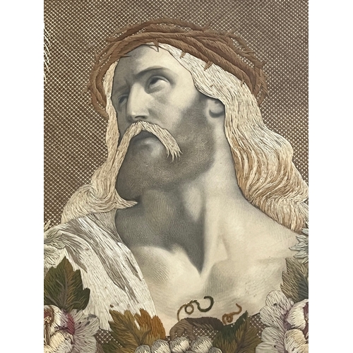 410 - Unusual Framed Tapestry of Jesus with Thorns (60 cm W x 69 cm H)