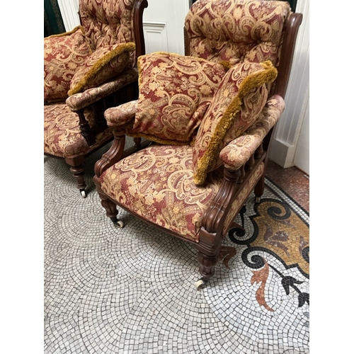 412 - Victorian Mahogany Library Chairs with Deep Button Upholstery, Ceramic Casters and Cushions (68 cm W... 