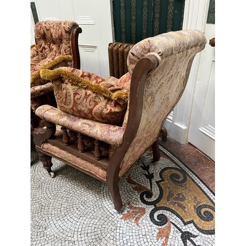 412 - Victorian Mahogany Library Chairs with Deep Button Upholstery, Ceramic Casters and Cushions (68 cm W... 