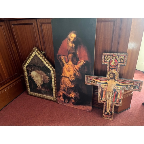 273 - Three Religious Wall Prints including The Cross of Saint Francis (Tallest 98 cm H)