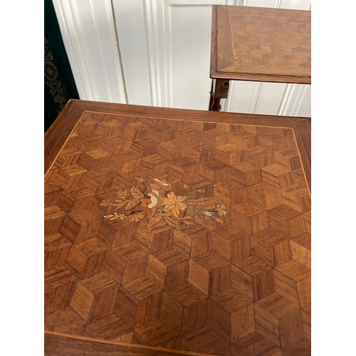 421 - Nest of Three Kingswood Parquetry Nest of Tables (some damage) (50 cm W x 72 cm H x 38 cm D)