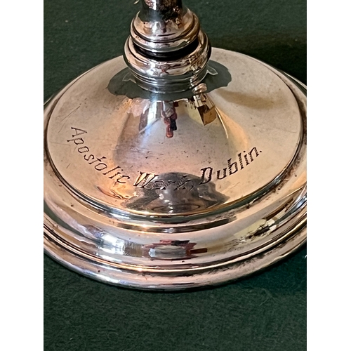 401 - Ciborium with Solid Silver Bowl, Lid with Cross on top, Engraved Apostolic Works Dublin (10cm W x 20... 