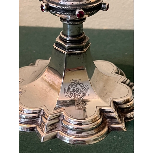 403 - Ciborium with Solid Silver Bowl, Ornate Semi Precious Ruby Cabachons.  The Base with Celtic Cross De... 