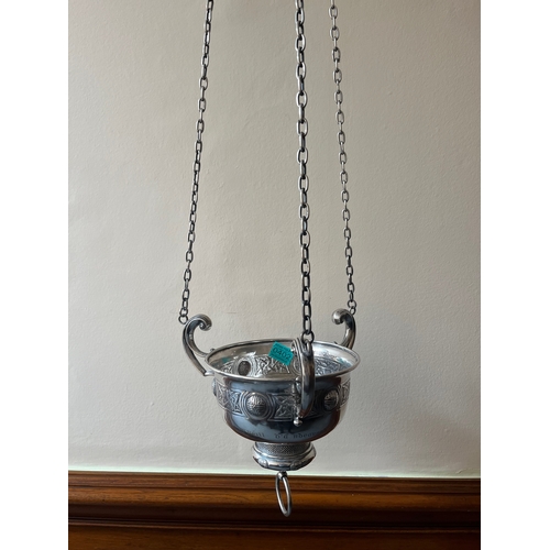 402 - Solid Silver Hanging Sanctuary Lamp by John Smith & Son, Dublin.  Celtic Knot Design, bearing Inscri... 