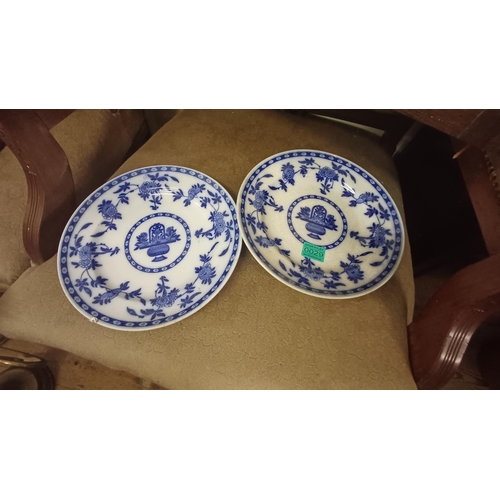 29 - Pair of Edwardian Blue and White Cabinet Plates with Oriental Panels (26cm Diameter)