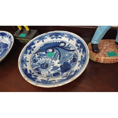 37 - Pair of 18th Century Blue and White Dutch Delft Dishes - some chips (31cm Diameter)