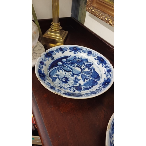 37 - Pair of 18th Century Blue and White Dutch Delft Dishes - some chips (31cm Diameter)