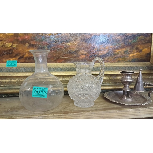 13 - Cut Glass Water Jug, Glass Decanter, Silver Plate Chamber Candlestick and a Crown Devon Urn