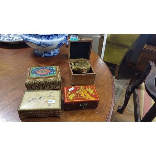 67 - Cased Brass Ship's Compass and 3 other collectible Trinket Boxes