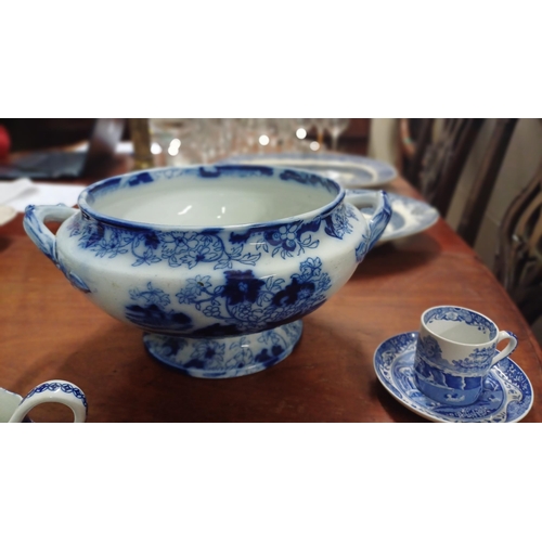 68 - Two Blue and White Willow Pattern Platters, a Spode Cup and Saucer, Jardiniere and a Milk Jug