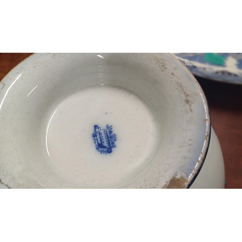 68 - Two Blue and White Willow Pattern Platters, a Spode Cup and Saucer, Jardiniere and a Milk Jug