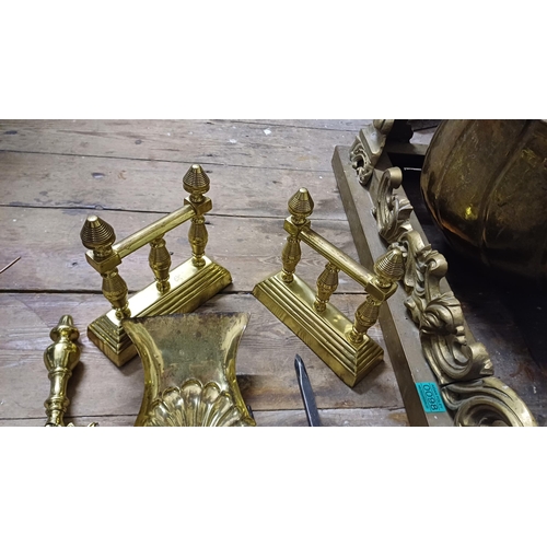 99 - Three Brass Fire Irons and a Pair of Brass Andirons