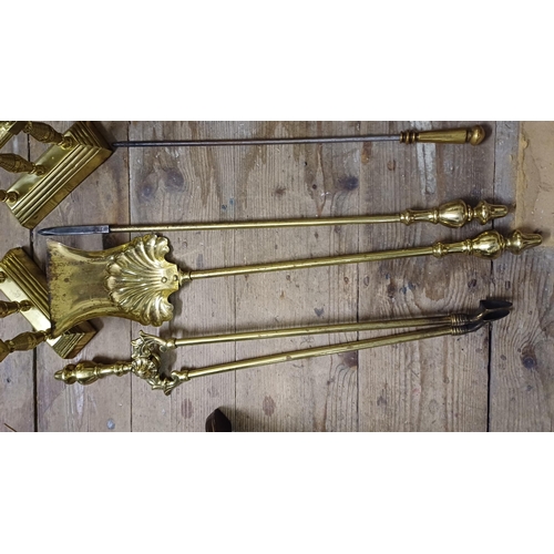 99 - Three Brass Fire Irons and a Pair of Brass Andirons