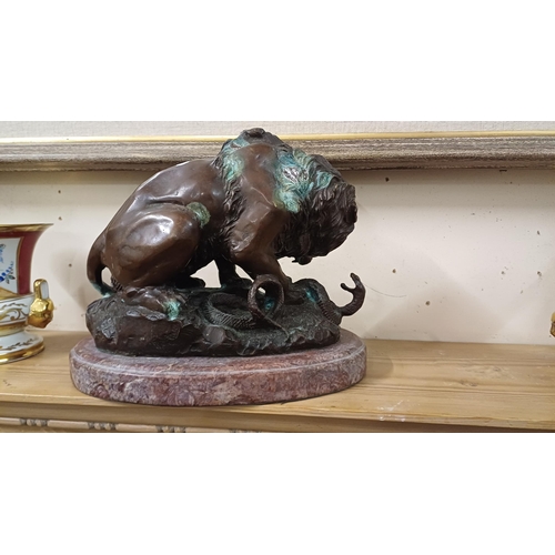 101 - After Barye - Bronze Figure of a Lion and a Snake on Marble Base