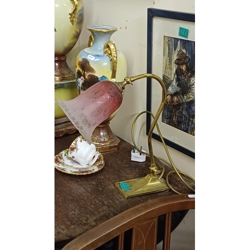 151 - Edwardian Brass Desk Light with Red Glass Shade (chipped)