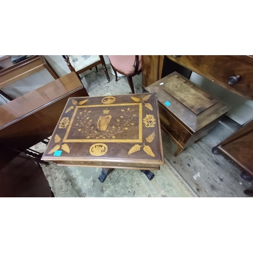 170 - 19th Century Killarney Wood Sewing Table Inlaid with Scenes of Muckross in Arubutus, Yew and Native ... 