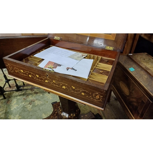 170 - 19th Century Killarney Wood Sewing Table Inlaid with Scenes of Muckross in Arubutus, Yew and Native ... 