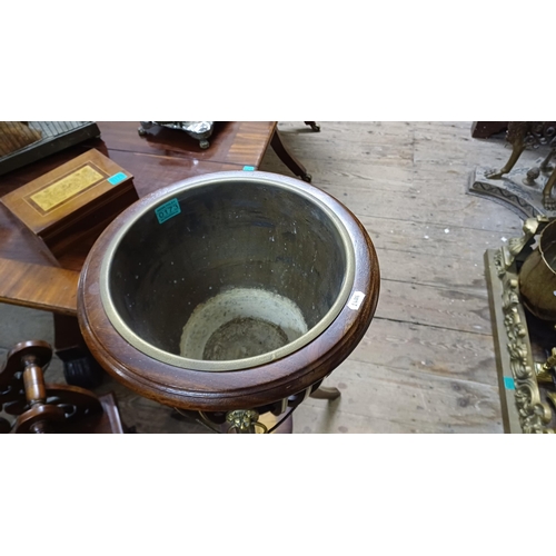 173 - Vintage Inlaid Mahogany Plant Stand with Brass Liner