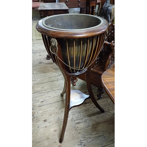 173 - Vintage Inlaid Mahogany Plant Stand with Brass Liner