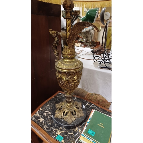 201 - Good large Brass Claret Jug Table Lamp with Shade on Marble Base