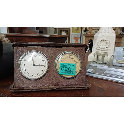 203 - Art Deco Chrome Desk Stand and a Travel Clock / Barometer in Leather Case