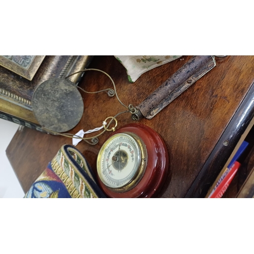 263 - Mixed Decorative lot to include a Wine Carafe, Table Runner, Barometer and a Scales