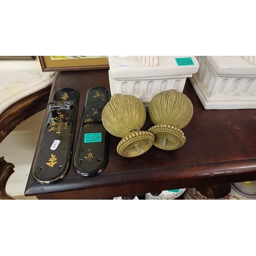 308 - Two Vintage Push Plates and an Escuteon together with 2 Curtain Pole Finials