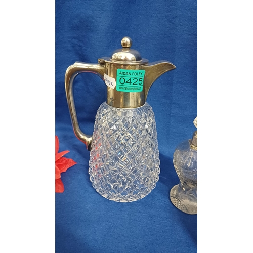 425 - Birmingham Silver and Cut Glass Claret Jug together with 2 Silver Collar Perfume Bottles