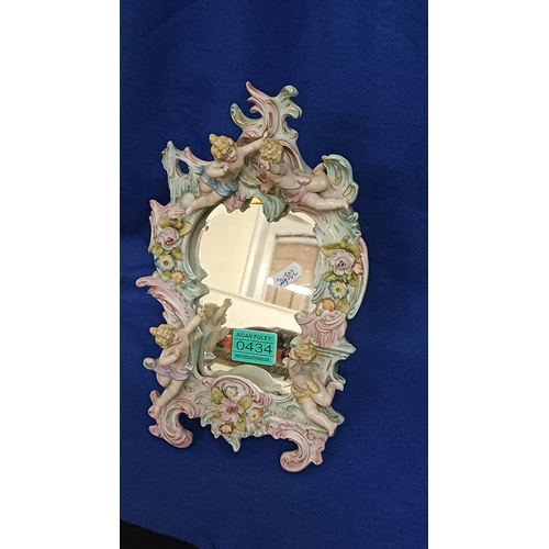 434 - Good Porcelain Table Mirror decorated with Cherubs and Floral Encrusted Petals - crossed swords mark... 