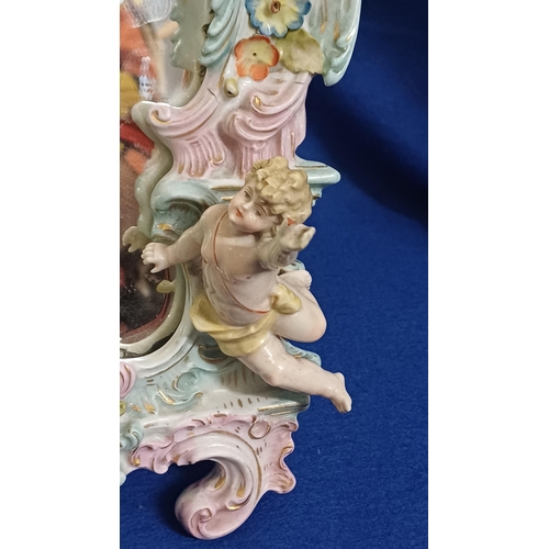 434 - Good Porcelain Table Mirror decorated with Cherubs and Floral Encrusted Petals - crossed swords mark... 