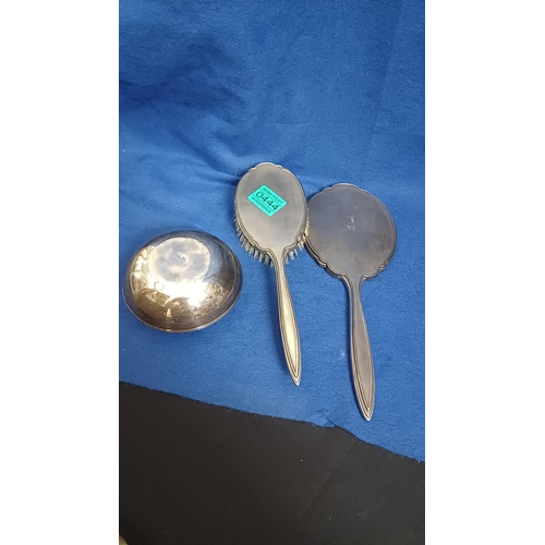 444 - 3 Silver Dressing Table items - Mirror, Brush and Powder Bowl