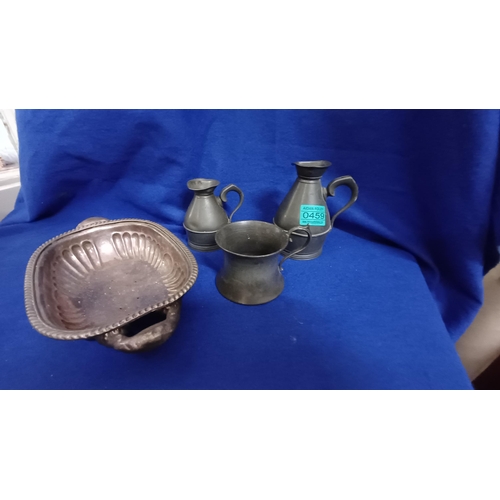 459 - Two Antique Pewter Haystack Measures, a Pewter Cup and a Silver Plated Dish