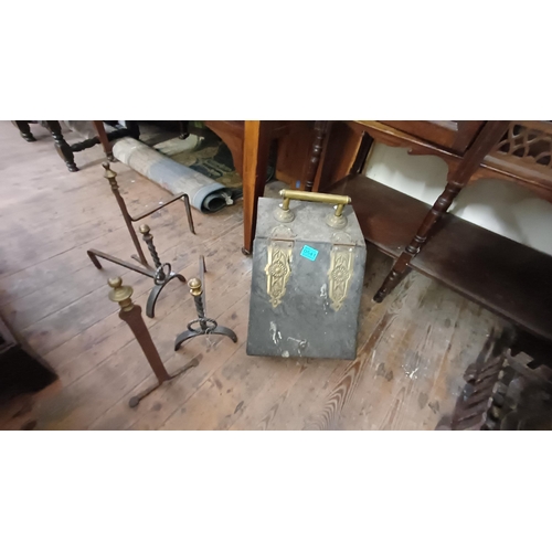 541 - Edwardian Brass and Iron Firebox, Grate, Umbrella Stand and 3 Pairs of Andirons